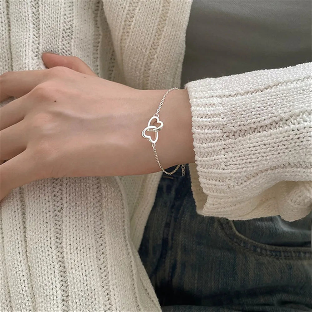 New Silver Color Double Interlocking Small Hearts Bracelet