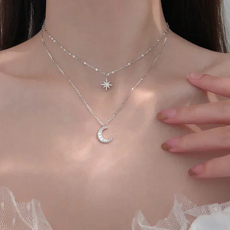 New Fashion Silver Color Double Layer Star Moon Necklace