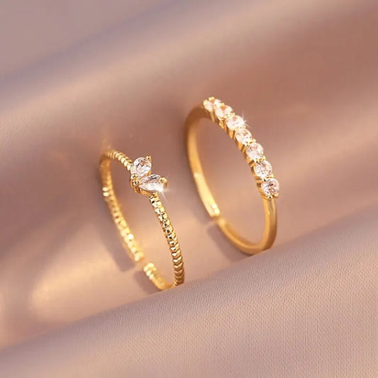 2pcs Trendy Gold Color Heart Zircon Rings