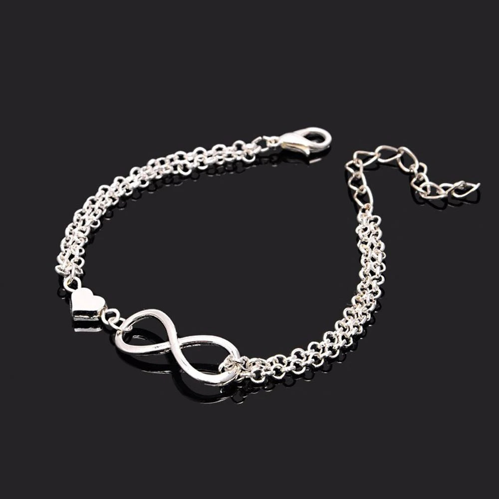 New Silver Color Double Interlocking Small Hearts Bracelet