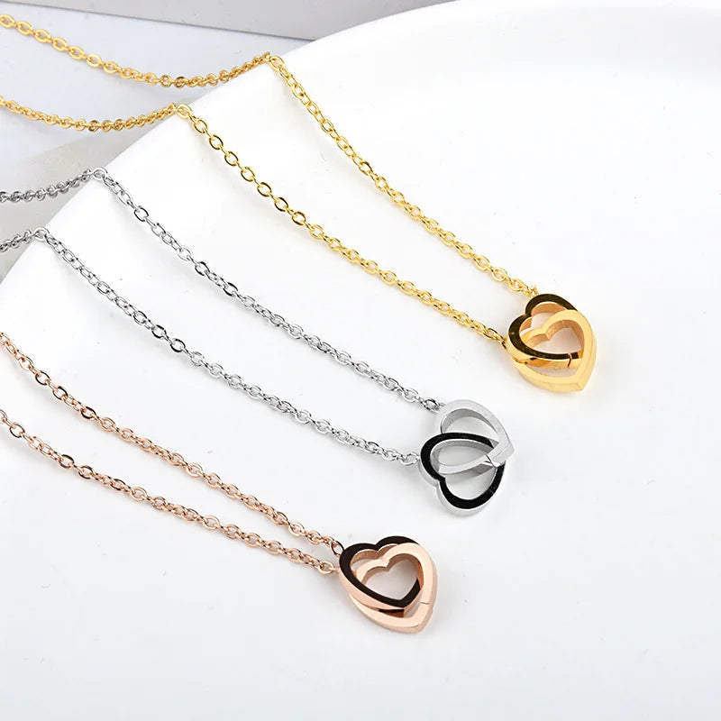 Classic Minimalist Double Heart Pendant Gold Plated Stainless Steel Not Fade Necklace