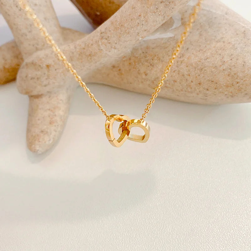 Classic Minimalist Double Heart Pendant Gold Plated Stainless Steel Not Fade Necklace