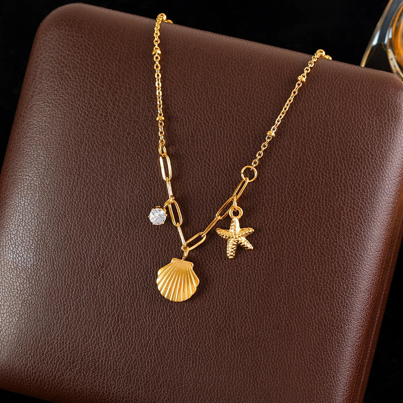 GANEMLY 316L Stainless Steel Shell Starfish Zircon Pendant Necklace