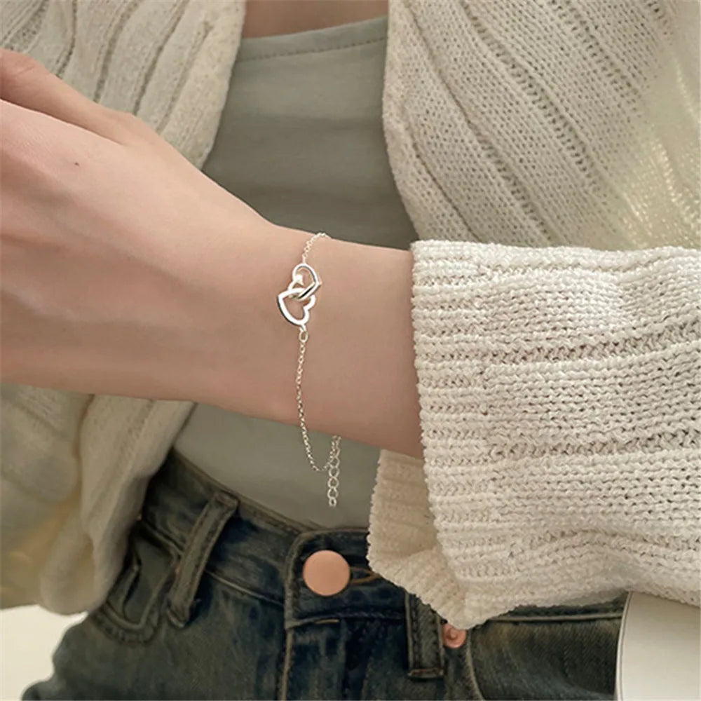 New Silver Color Double Interlocking Small Hearts Bracelet