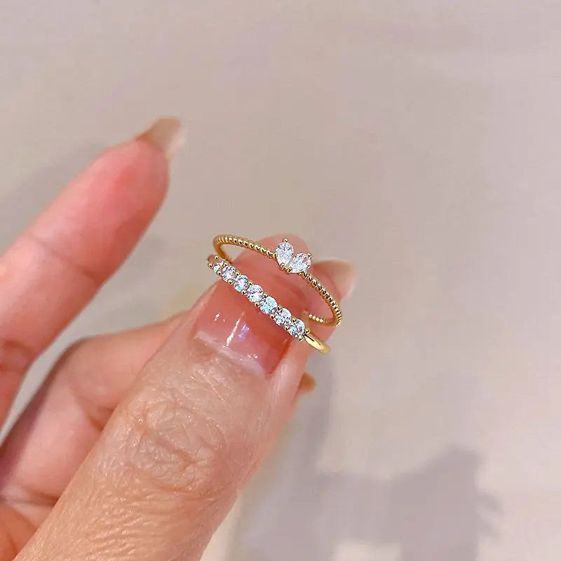 2pcs Trendy Gold Color Heart Zircon Rings