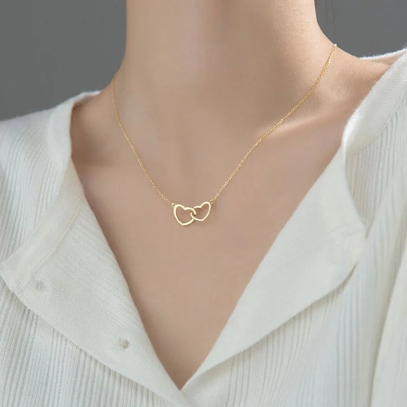 Classic Minimalist Double Heart Pendant Gold Plated Stainless Steel Not Fade Necklace