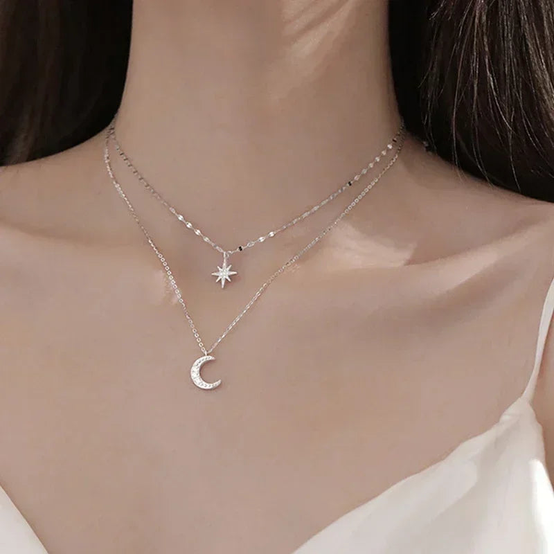 New Fashion Silver Color Double Layer Star Moon Necklace