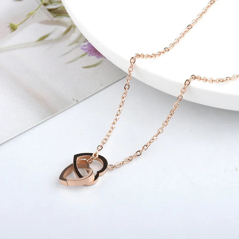 Classic Minimalist Double Heart Pendant Gold Plated Stainless Steel Not Fade Necklace