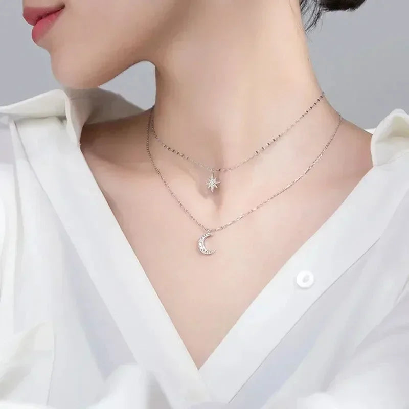 New Fashion Silver Color Double Layer Star Moon Necklace