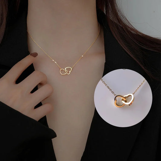 Classic Minimalist Double Heart Pendant Gold Plated Stainless Steel Not Fade Necklace