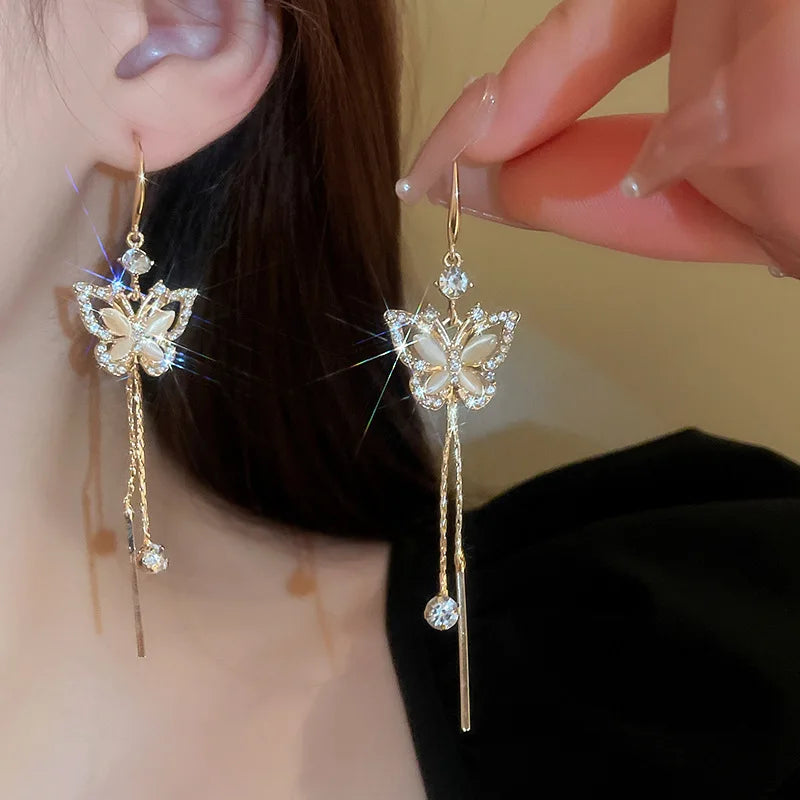 New Fashion Trend Unique Design Elegant Delicate Zircon Butterfly Tassel Earrings