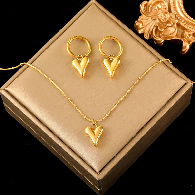 EILIECK 316L Stainless Steel Gold Color Heart Love Necklace Earrings