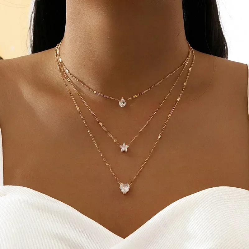 New Fashion Silver Color Double Layer Star Moon Necklace