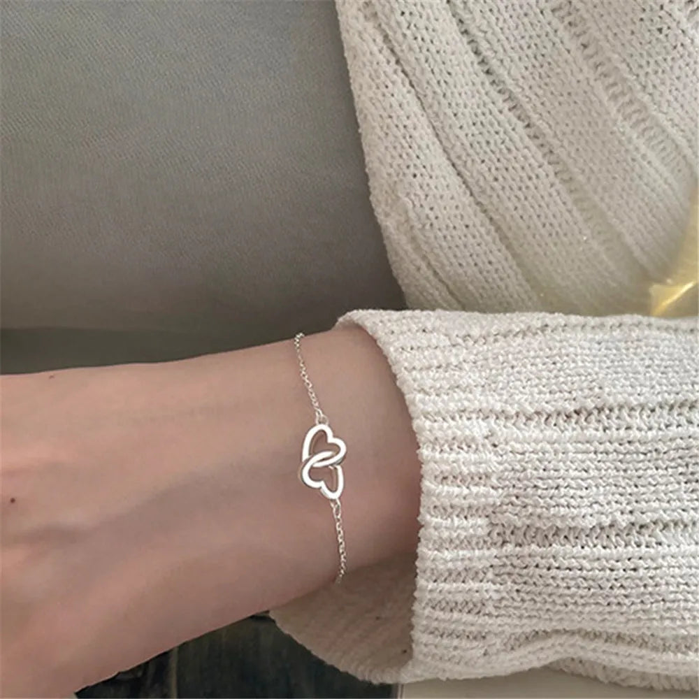 New Silver Color Double Interlocking Small Hearts Bracelet