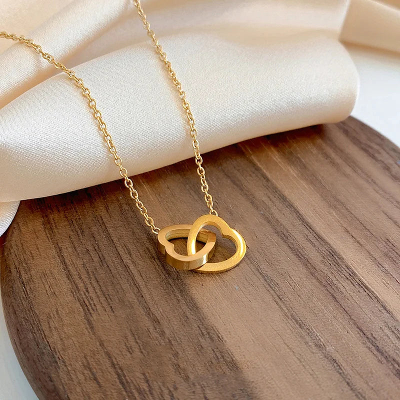 Classic Minimalist Double Heart Pendant Gold Plated Stainless Steel Not Fade Necklace