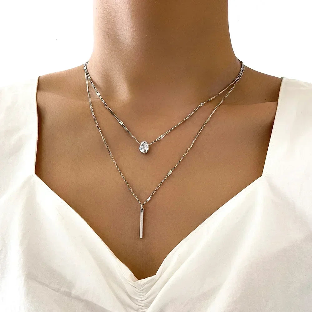 New Fashion Silver Color Double Layer Star Moon Necklace