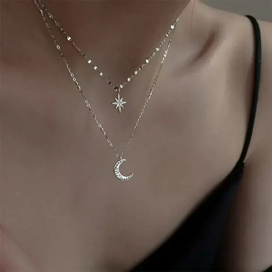 New Fashion Silver Color Double Layer Star Moon Necklace